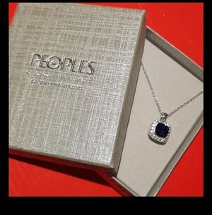 Created SAPPHIRE & CZ PENDANT 18" CHAIN AUTHENTIC PEOPLES JEWELERS GIFT BOXED